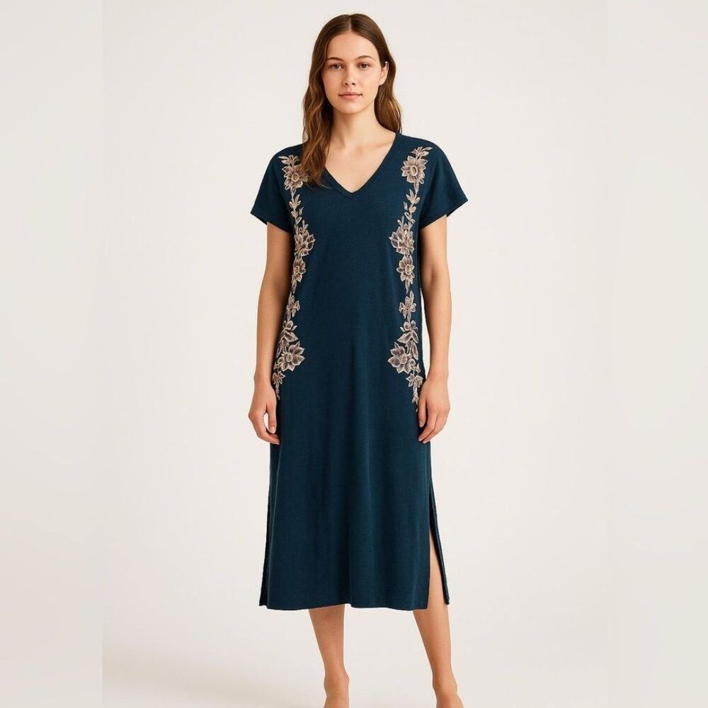 Free People Midi T-Shirt Dress Cotton Linen Blend Embroidered Floral Navy Size L